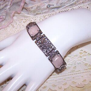 Art Deco European 935 Silver Pink Quartz Marcasite Link Bracelet